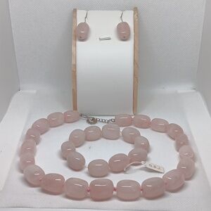 G.S.J. Rose Quarts Earring Braclet Necklace Set Pink New